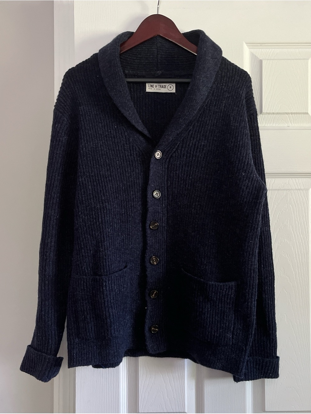 Men's 100% Wool Shawl Collar Button-Front Cardigan Sweater - Navy blue - Picture 6 of 6